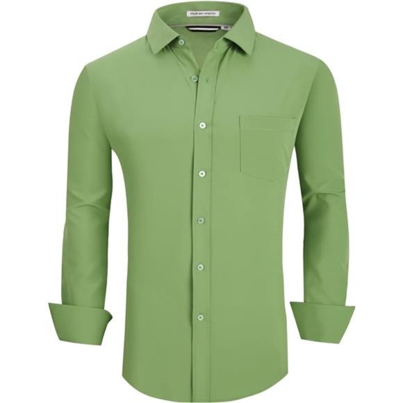 Mens Dress Shirt Wrinkle Free Regular Fit 4-Way Stretch Lt Green Casual Button Down Shirts